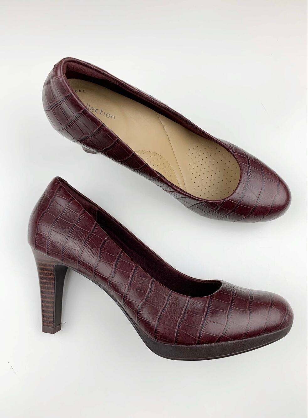 Clarks Adriel Viola Pumps Burgundy Croc Embossed Leather High Heels Women's 7